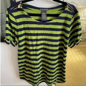 Women's Green and Navy Striped Short Sleeve Top Size Large